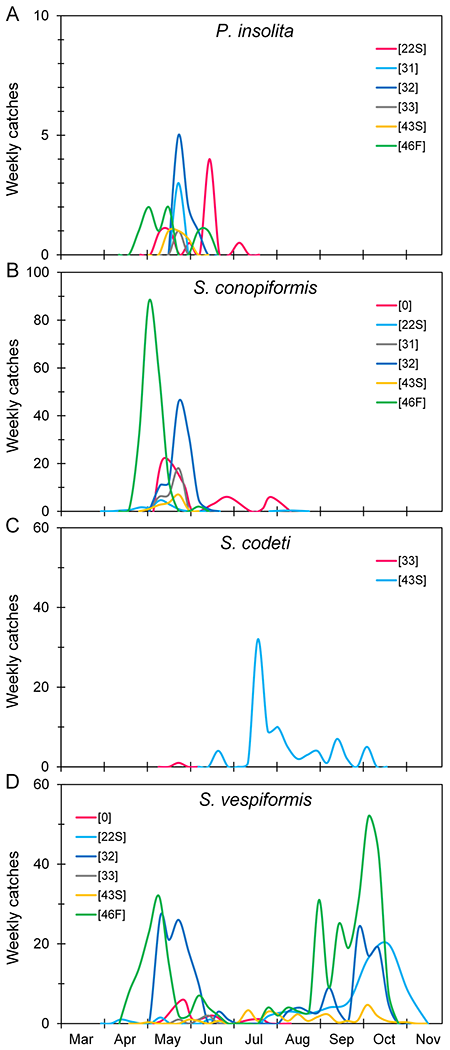 Flight curves (average weekly catches per trap) of four target species of clear-wing moths: Paranthrene insolita (A), Synanthedon conopiformis (B), Synanthedon codeti (C), and Synanthedon vespiformis (D), obtained in various sites and years in Extremadura (see Suppl. Table S1 for a key to the site/year codes given in square brackets).